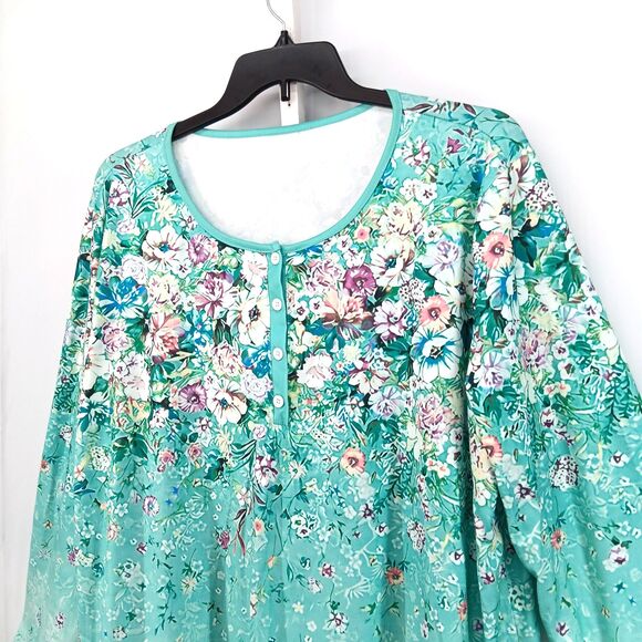 Women Shirt Plus Size 3XL Light Turquoise Floral Henley Long Sleeve Casual Top - Picture 2 of 5